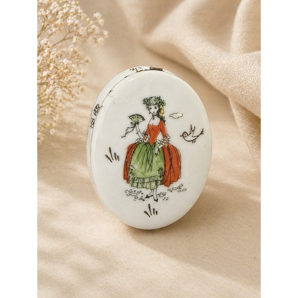 Japan Porcelain Hinged Trinket Box Hand Painted Victorian Crinoline Lady Fan VTG